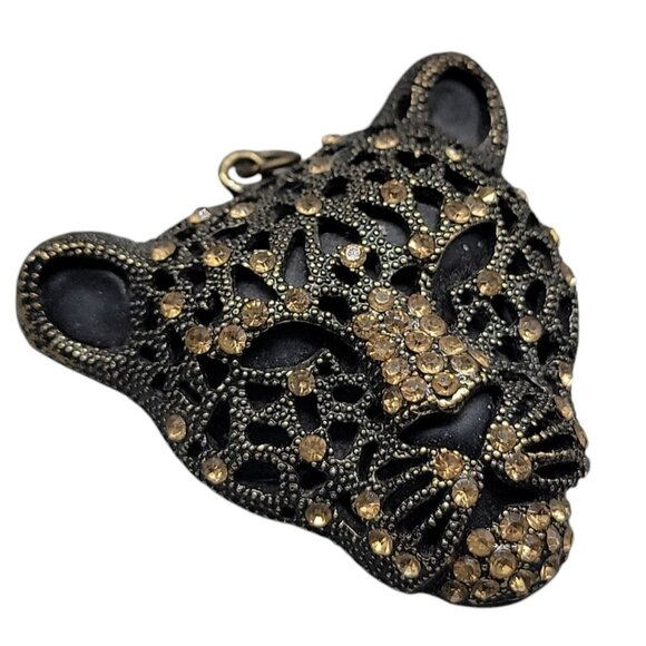 Leopard Panther Pendant Black Metal Gold Tone Texture & Rhinestones Stunning - Picture 13 of 13